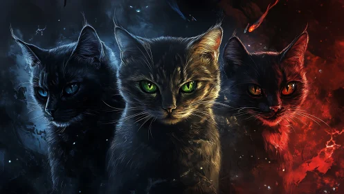 Three Mystical Cats with Glowing Eyes.