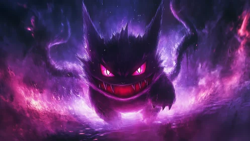 Ghostly shadow creature emerges in neon purple storm.