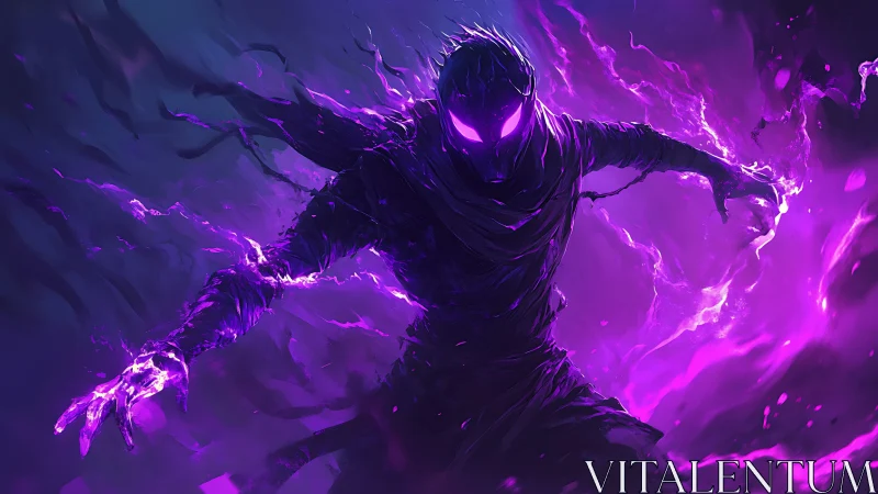 Mysterious purple shadow mage unleashes swirling arcane power