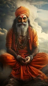 Storm‑crowned sage in saffron calm above the cloudline.