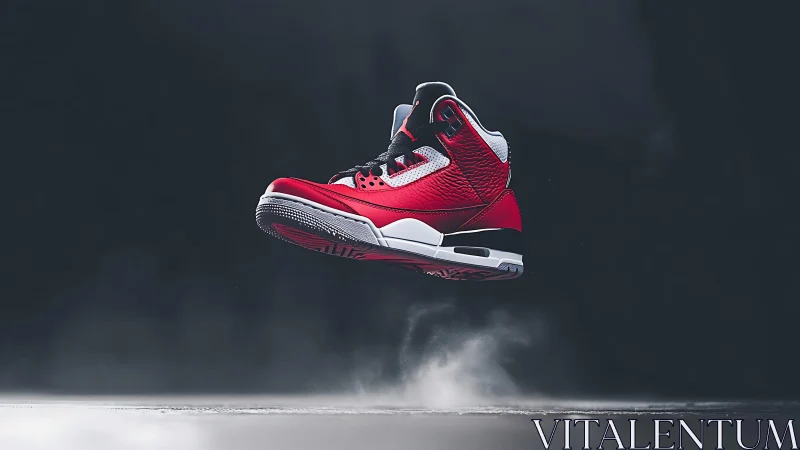 Striking red sneaker suspended midair with bold urban energy.