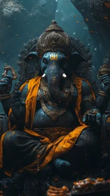 Highly detailed digital Ganesh deity in cavernous blue light.