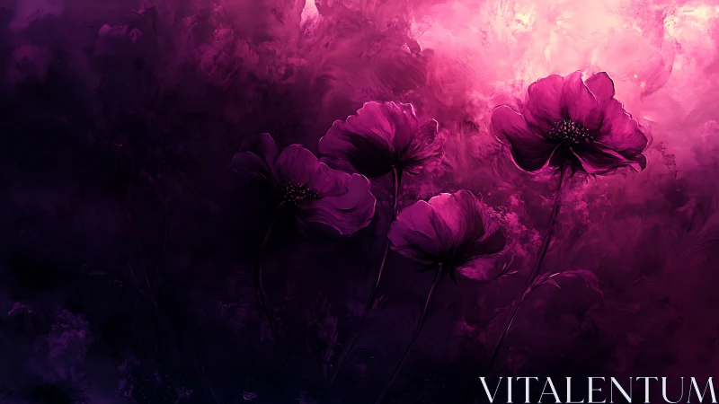 Four magenta flowers against dark abstract background.