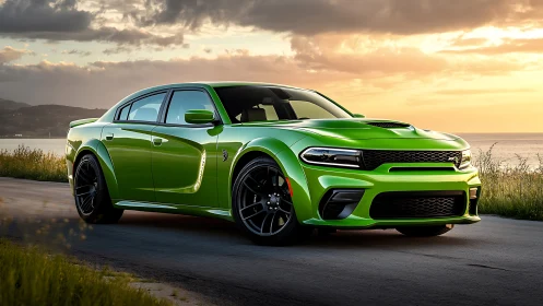 Lime green performance sedan on coastal road at golden hour