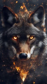 Volumetric wolf portrait with ember-ignited geometric core.