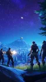 Squad silhouettes survey stylized night battlefield vista