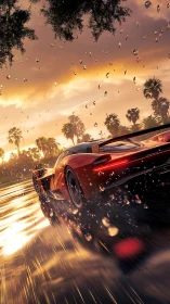 Hypercar streaks through rain-soaked highway at sunset.