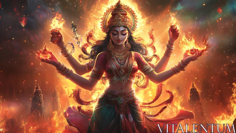Flame crowned goddess dances amid blazing celestial temples.
