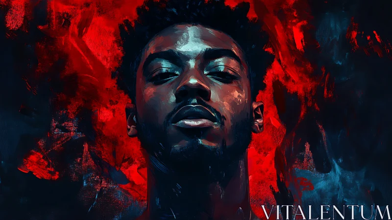 Crimson storm crown around a defiant, shadow-lit portrait.