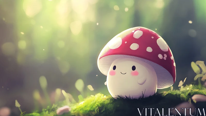 Cartoon mushroom character sits on moss in soft forest light