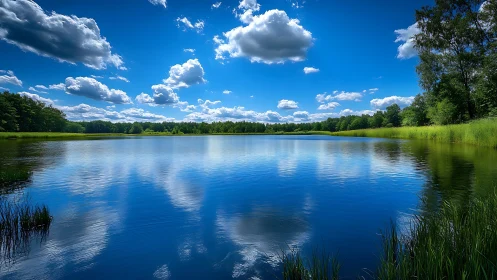 Clouds rehearse their reflections on a summer-blue lake