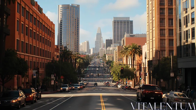 Downtown city street with traffic and tall office towers.