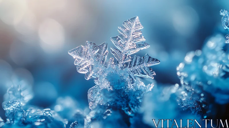 Macro view of single snowflake on blue ice crystals.