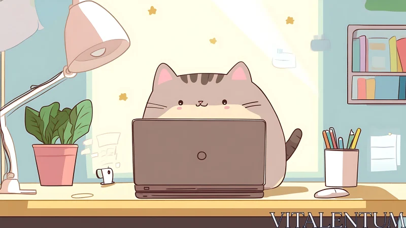 Cartoon Cat at Desk Working on Laptop in Office Room