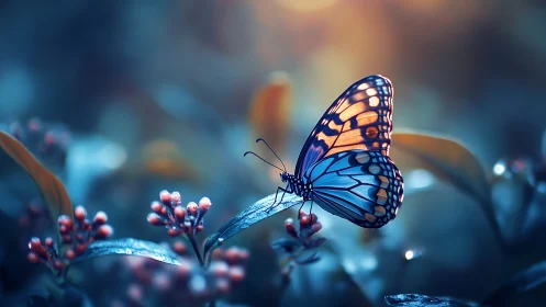 Twilight-winged butterfly pausing on moonlit garden blooms.