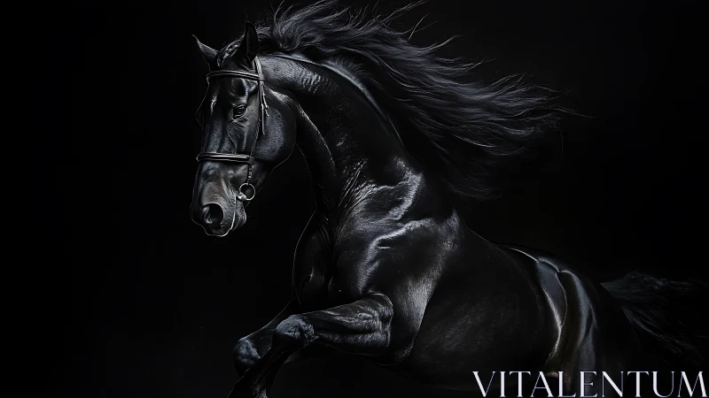 Powerful black stallion rears in dramatic studio lighting.