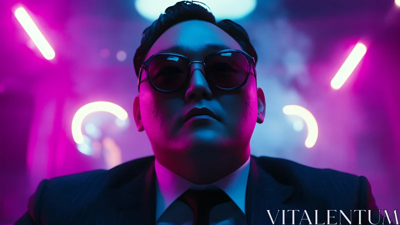 Neon backlit portrait of suited figure in cinematic low angle.