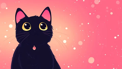 Black cat with yellow eyes against gradient pink background
