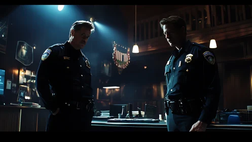 Two police officers confer in a tense, dimly lit station.