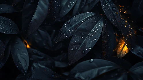 High-contrast macro foliage with raindrop speculars and ember bokeh