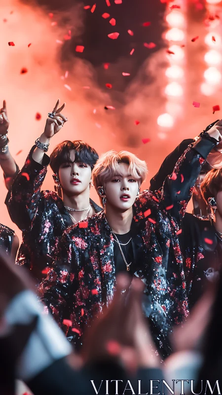 Idol performance under red confetti with dynamic stage backlighting