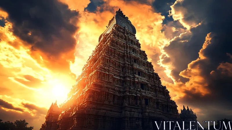 Stone temple tower beneath dense clouds and backlit sun.