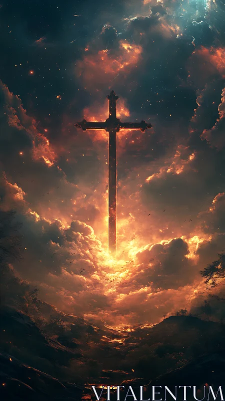 Radiant cross descends through blazing celestial storm