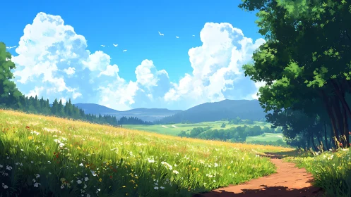 Sunlit wildflower meadow path under cumulus summer sky