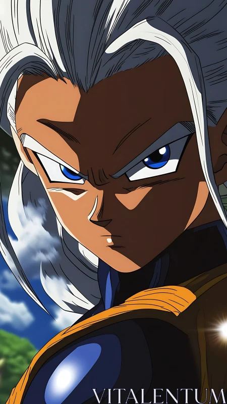 Intense silver-haired warrior under vivid daylight sky.