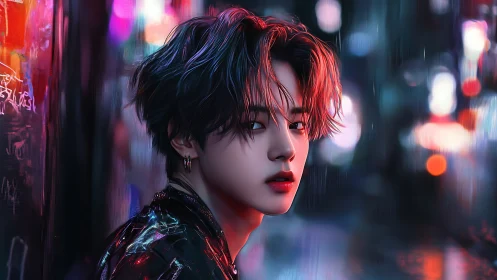 Neon-lit portrait of youth in reflective jacket, rainy alleyway