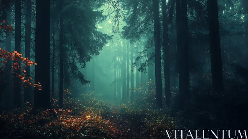 Misty forest path with tall evergreens and golden autumn foliage