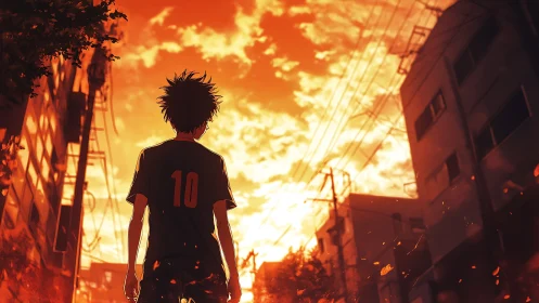 Lone soccer boy faces blazing sunset over quiet city street