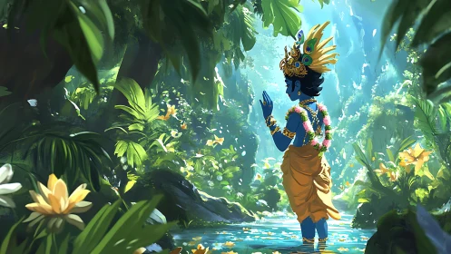 Blue-skinned deity in lush sunlit jungle stream scene.
