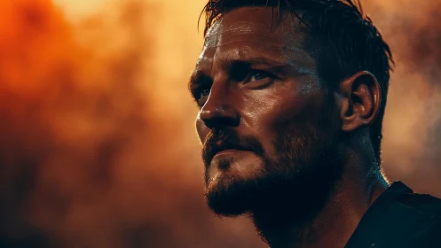 Strong, determined athlete framed by glowing warm light.