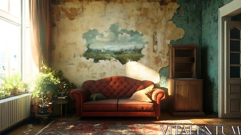 Sunlit vintage sofa in decayed wall interior with mural landscape