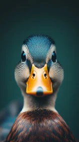 Photorealistic duck portrait in tight frontal macro framing.