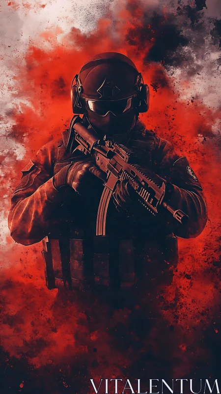 Tactical operator in crimson particulate combat atmosphere.