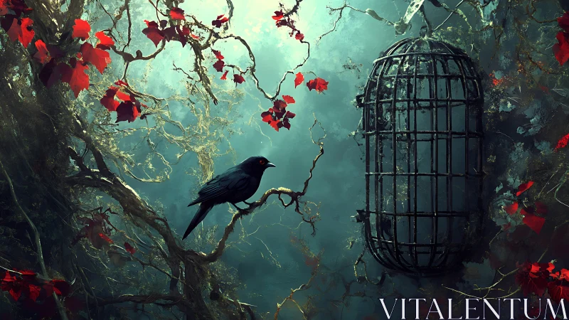 Cyan mist forest scene contrasts black crow with empty iron cage