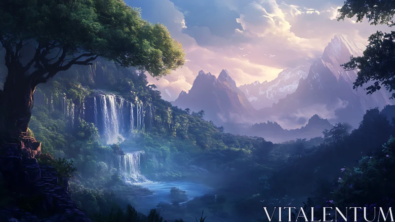 Mythic waterfall valley under luminous alpine sunrise.