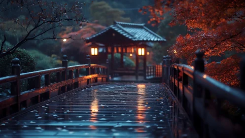 Soft rain glows over a lantern lit bridge in a quiet garden