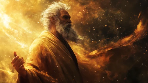 Cosmic elder wrapped in golden swirling starlight.