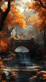 Golden forest bridge over a quiet, storybook waterfall.