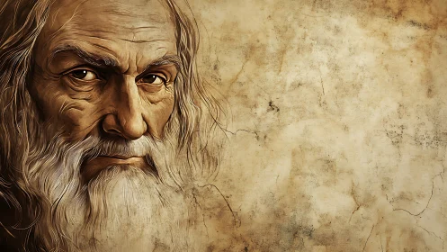 Weathered wizard’s gaze carved into ancient parchment light.