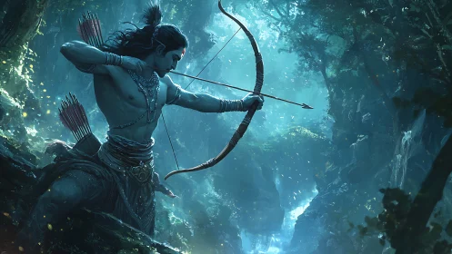 Mythic archer drawing bow in dense blue-green forest canyon.