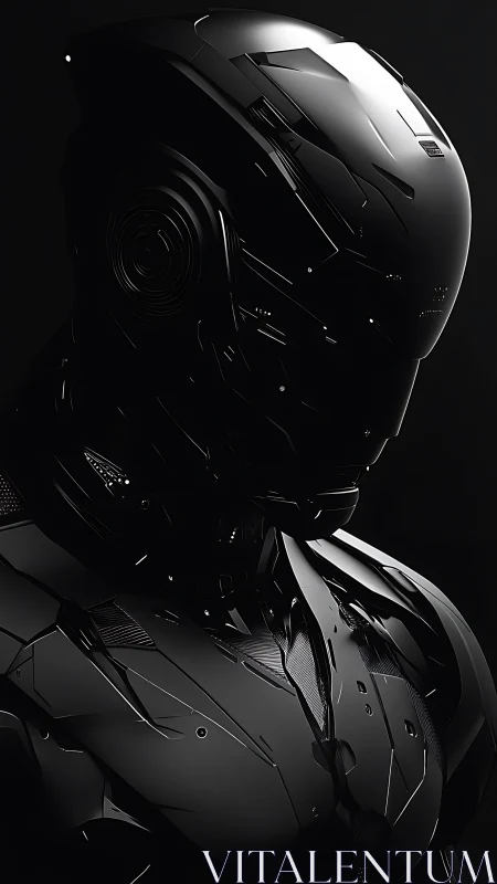 Midnight chrome sentinel broods in sculpted cyber armor.