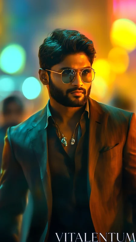 Chromatic bokeh-lit portrait of suited man in urban nightfield.