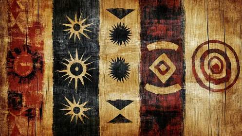 Abstract tribal sun and geometric symbols on rustic wooden planks.