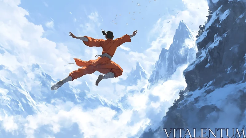 Martial artist soars across vast snowy mountain range.