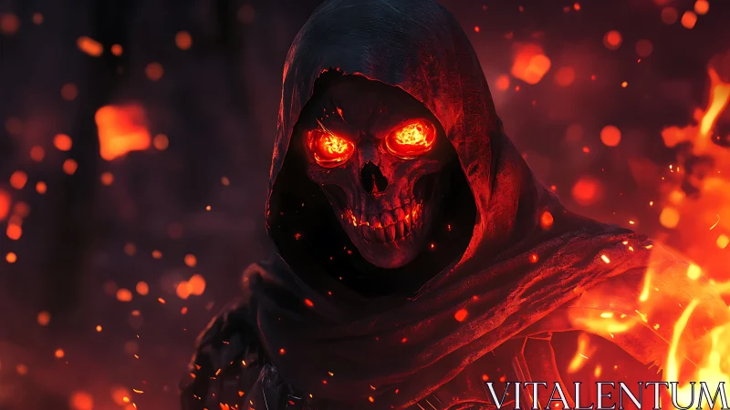 Flaming skull reaper emerges from burning scarlet shadows.