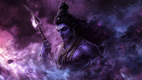 Mystic blue deity stands calm within swirling cosmic mist
